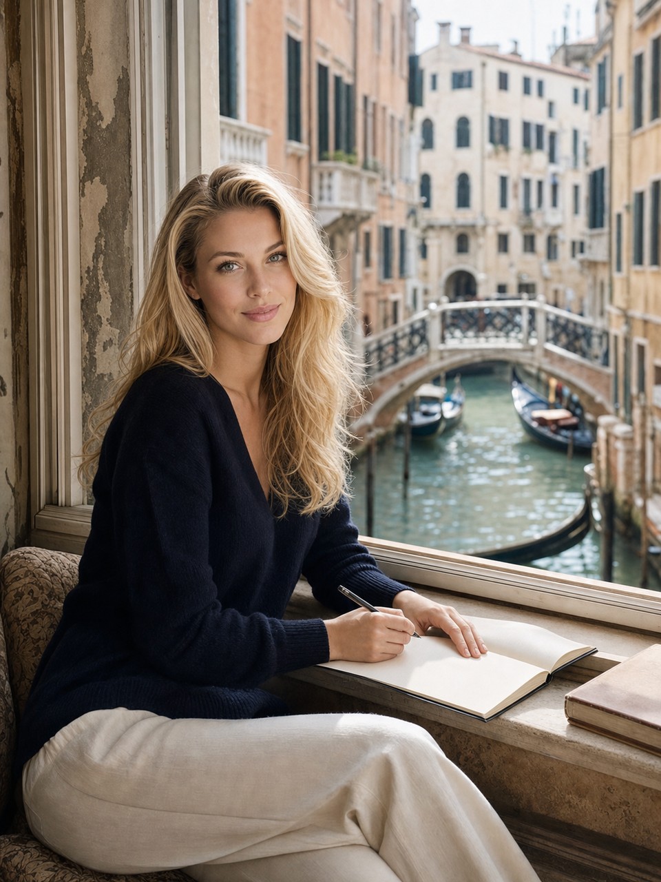 Nicole Junkerman a una finestra affacciata su un canale di Venezia