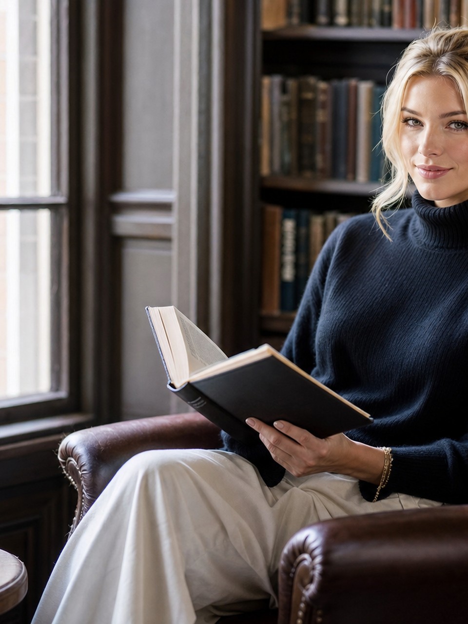 Nicole Junkerman legge un libro rilegato in un interno tranquillo